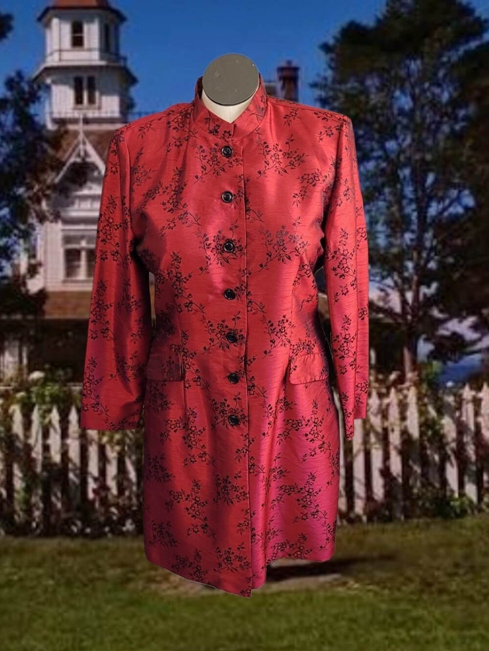 Women's Red Floral Mandarin Collar Coat